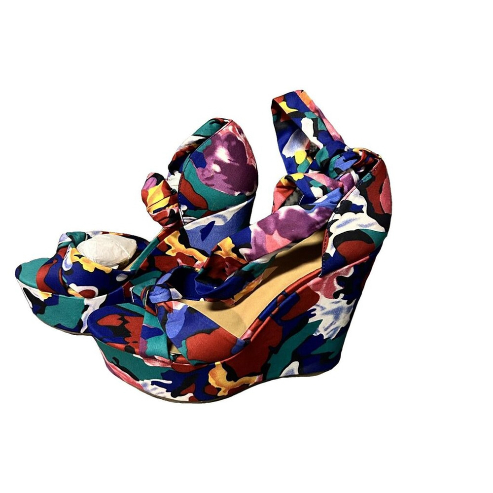 Bamboo Floral Peep Toe Wedge Platform Heels Size 9 - Picture 2 of 7
